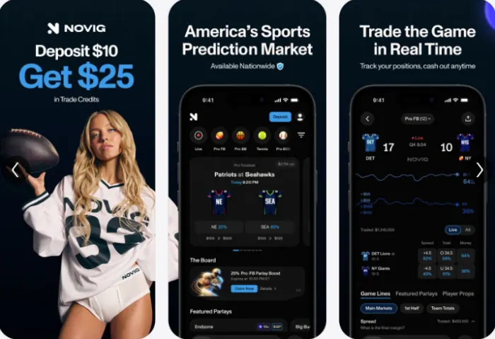 Logotipo da Novig em fundo escuro com interface de mercados de previsão esportiva